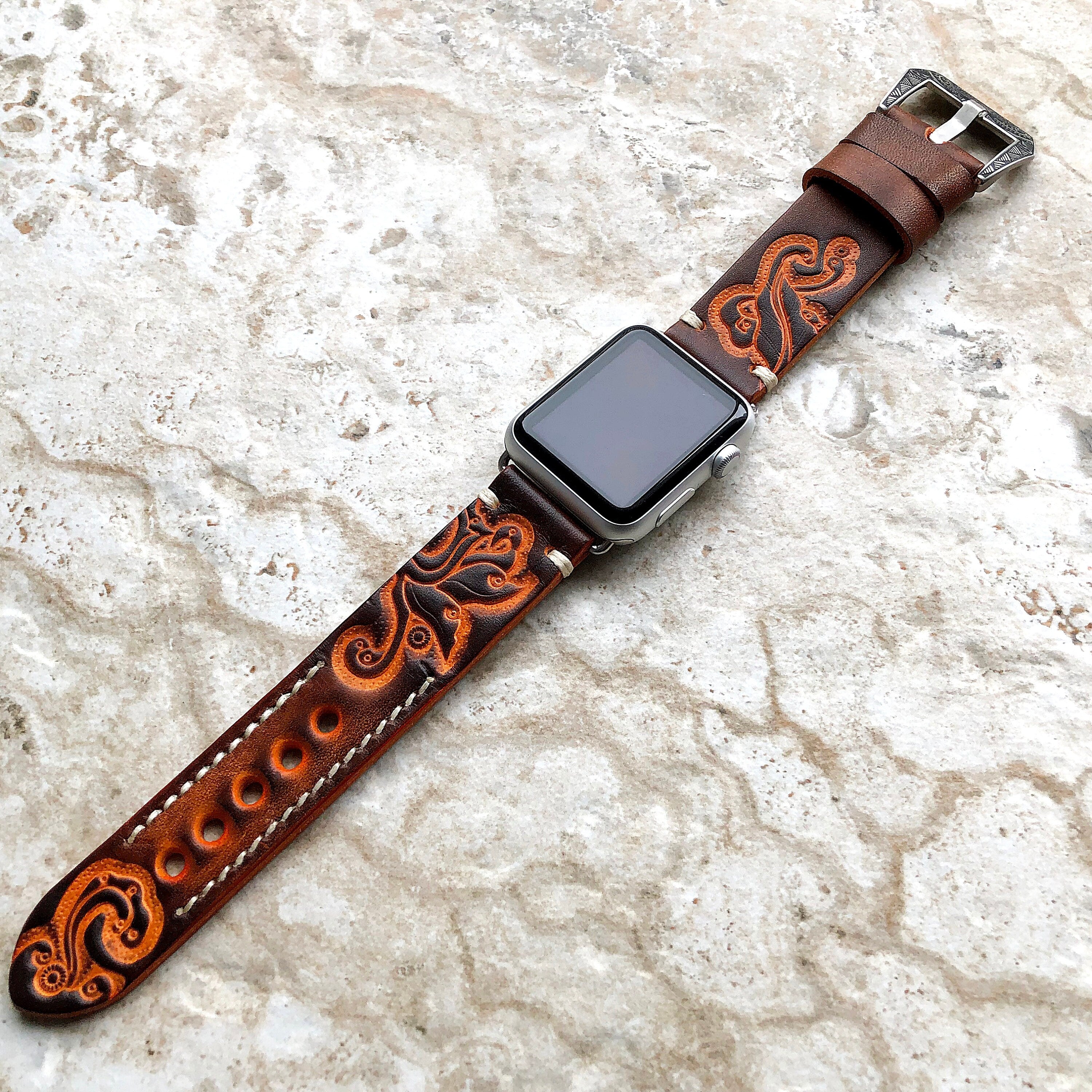 Apple iWatch Ultra 2 49mm and 9 8 Series 41mm 45mm Case Brown Orange Tooled Embossed Handmade Genuine Leather Band Strap Bracelet